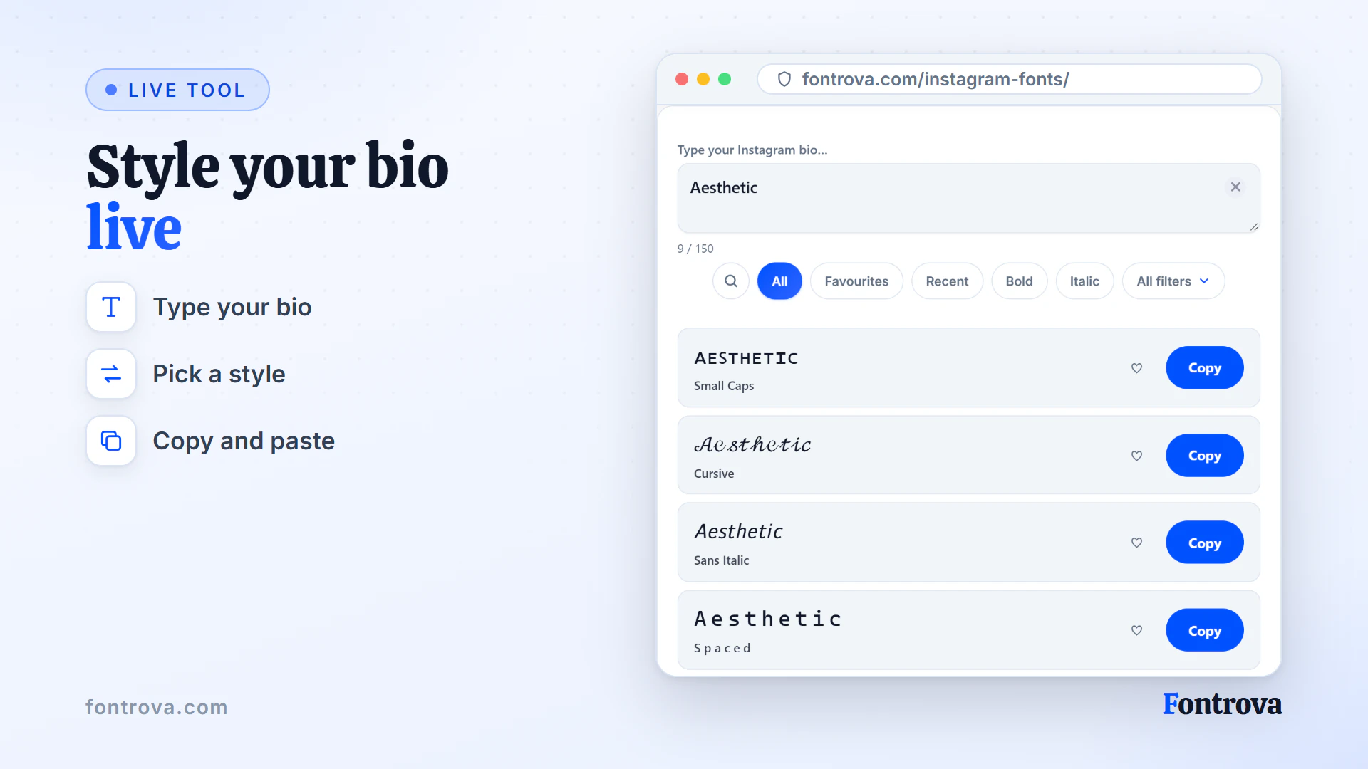Instagram fonts generator showing the word Aesthetic in many Unicode styles with Copy buttons