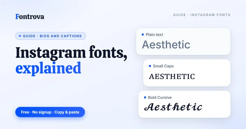 Instagram fonts guide: the word Aesthetic in plain text, Small Caps and Bold Cursive Unicode styles