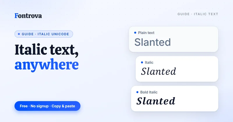 Italic text generator guide: the word Slanted in plain text, Italic and Bold Italic Unicode styles