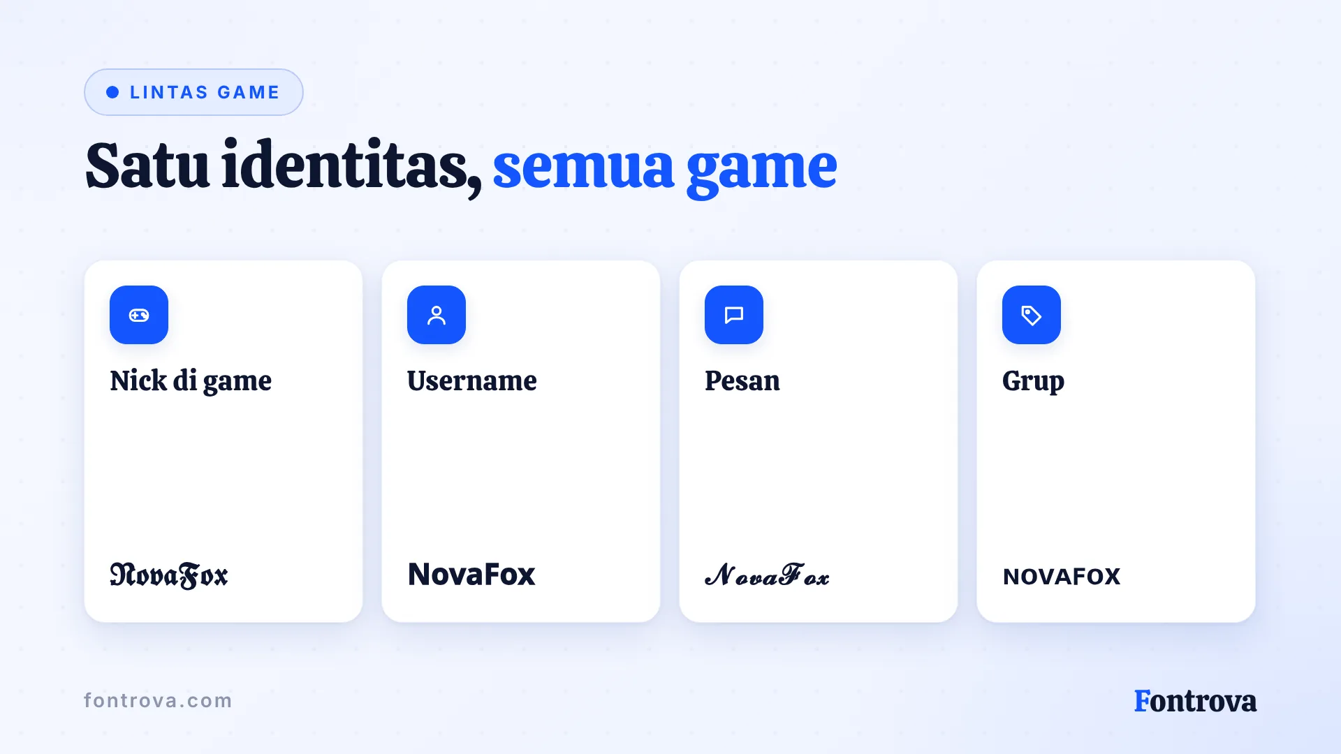 Julukan NovaFox bergaya untuk nick di game, username, pesan chat, dan nama grup