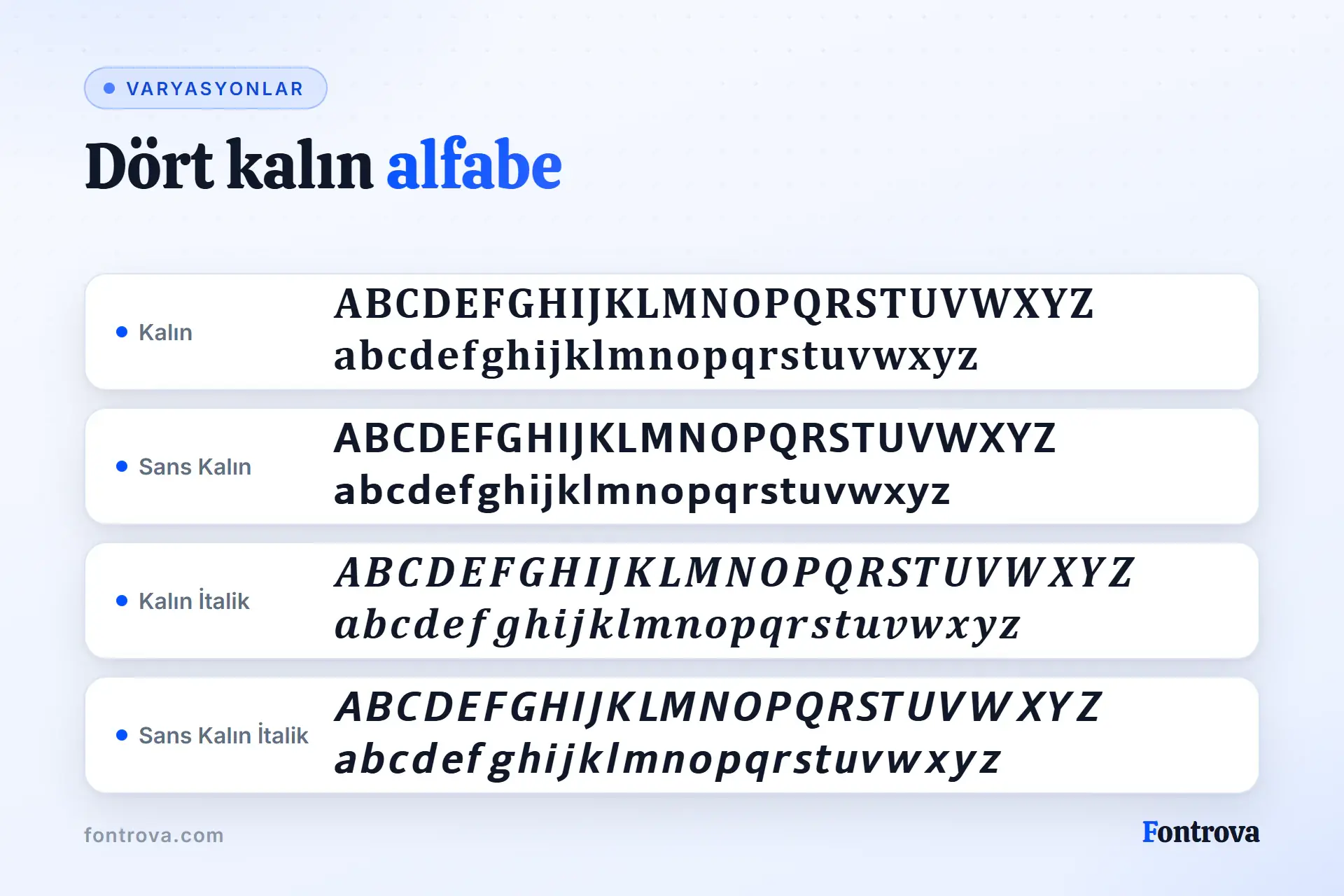 A'dan Z'ye alfabe Kalın, Sans Kalın, Kalın İtalik ve Sans Kalın İtalik Unicode stillerinde, dört satır halinde