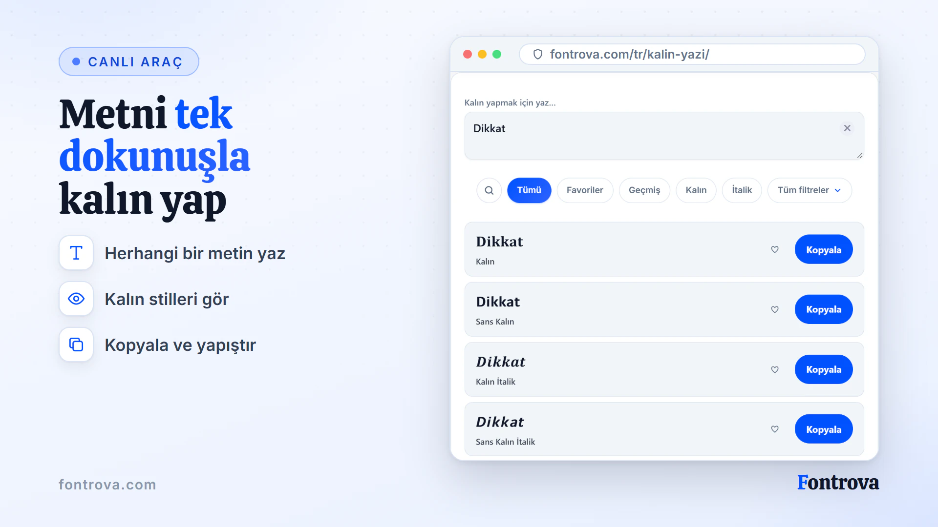 Kalın yazı oluşturucu, Dikkat kelimesini Kalın, Sans Kalın ve diğer kalın Unicode stillerinde gösteriyor