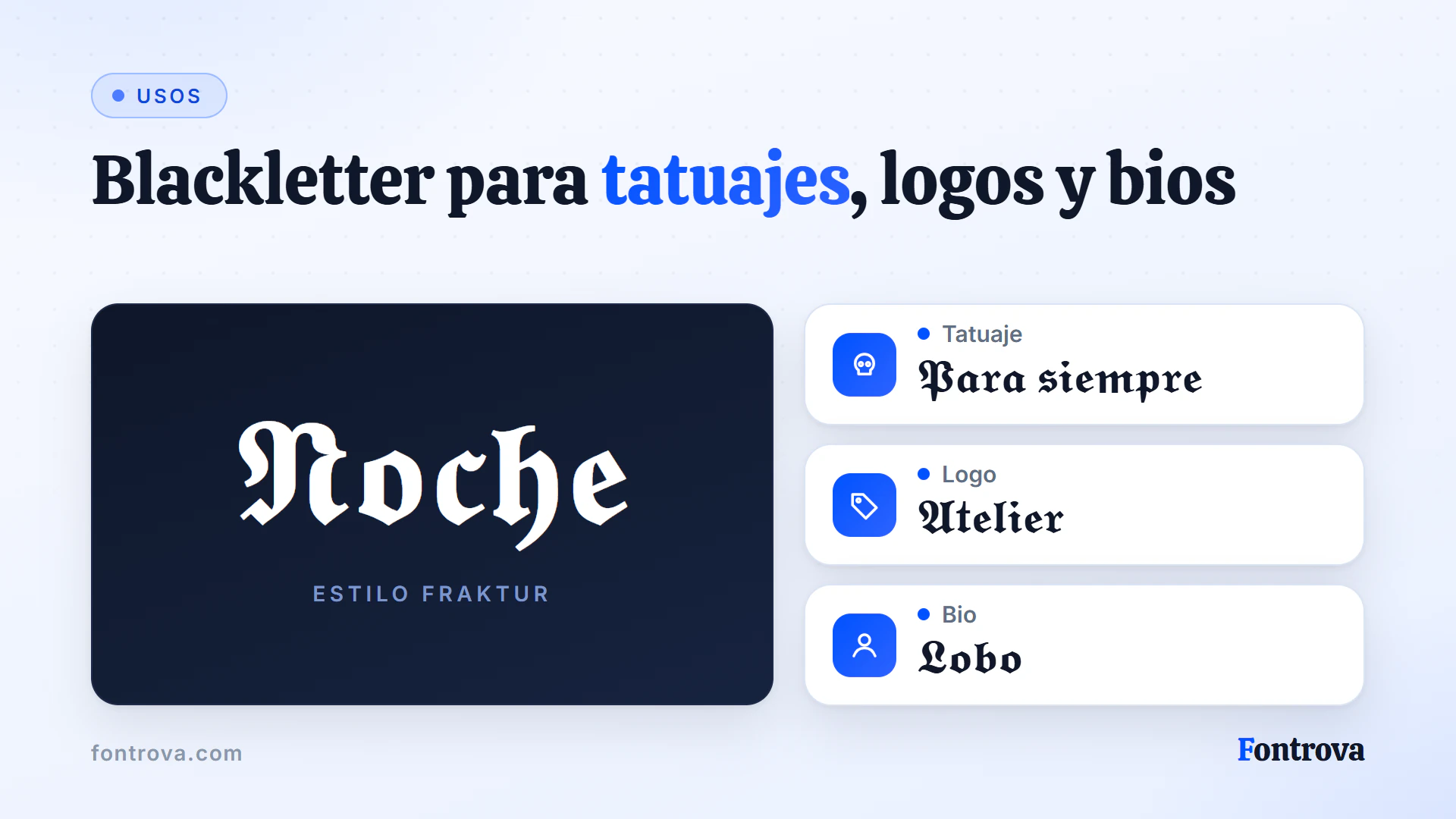 Gran muestra en Gótica Negrita con usos para una palabra de tatuaje, el logo de un taller y una bio social