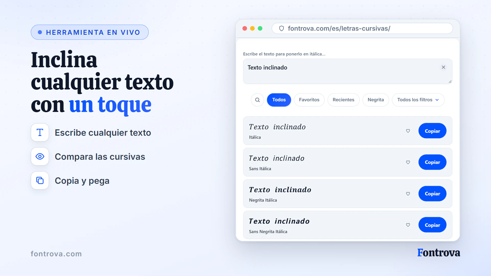 Generador de letras cursivas mostrando la frase Texto inclinado en varios estilos Unicode itálicos con botones Copiar