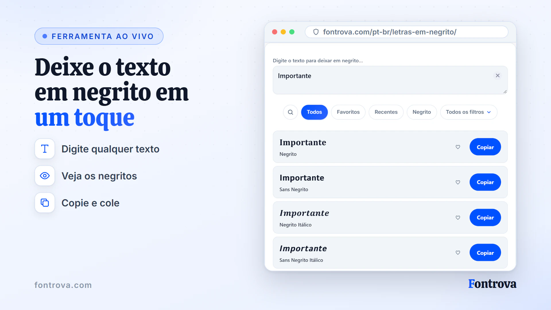Gerador de letras em negrito mostrando a palavra Importante em Negrito, Sans Negrito e outros estilos Unicode