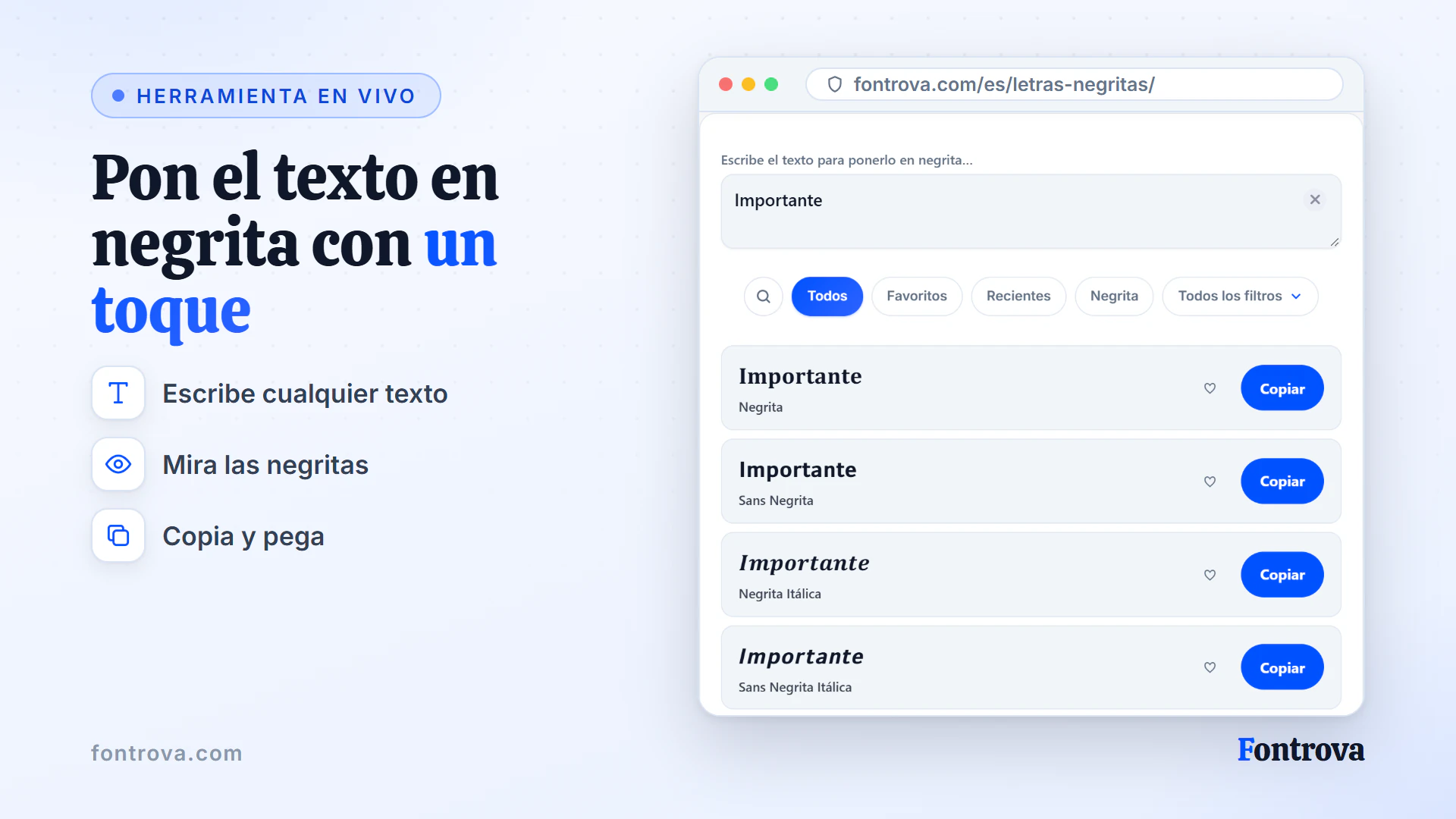 Generador de texto en negrita mostrando la palabra Importante en Negrita, Sans Negrita y otros estilos Unicode
