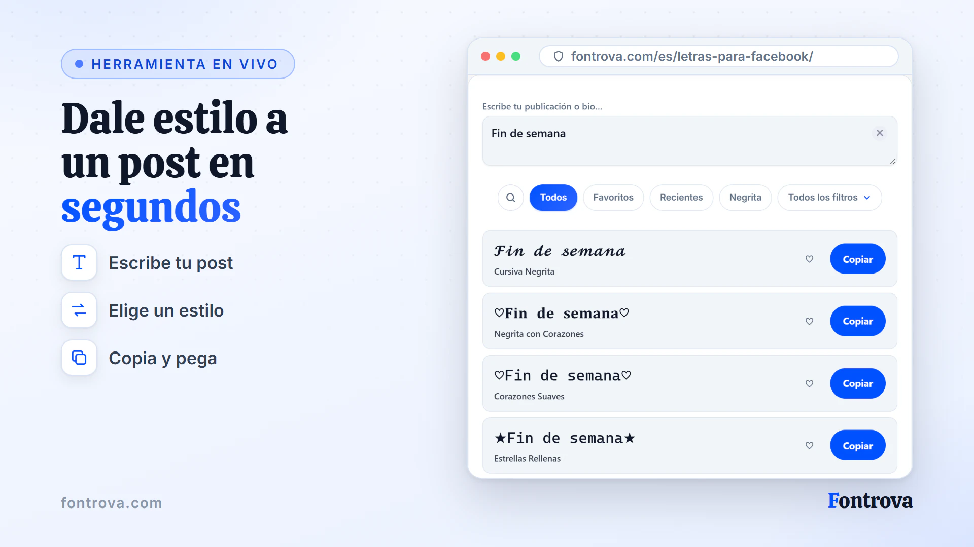 Generador de letras para Facebook mostrando la frase Fin de semana en varios estilos Unicode con botones Copiar