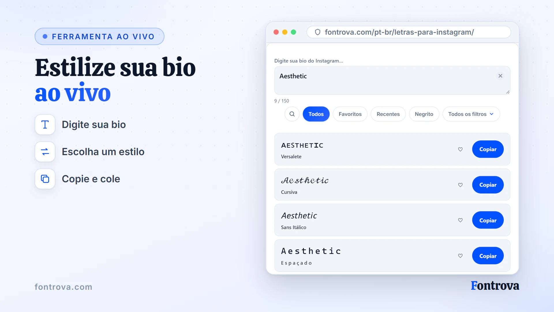 Gerador de letras para Instagram mostrando a palavra Aesthetic em vários estilos Unicode com botões Copiar