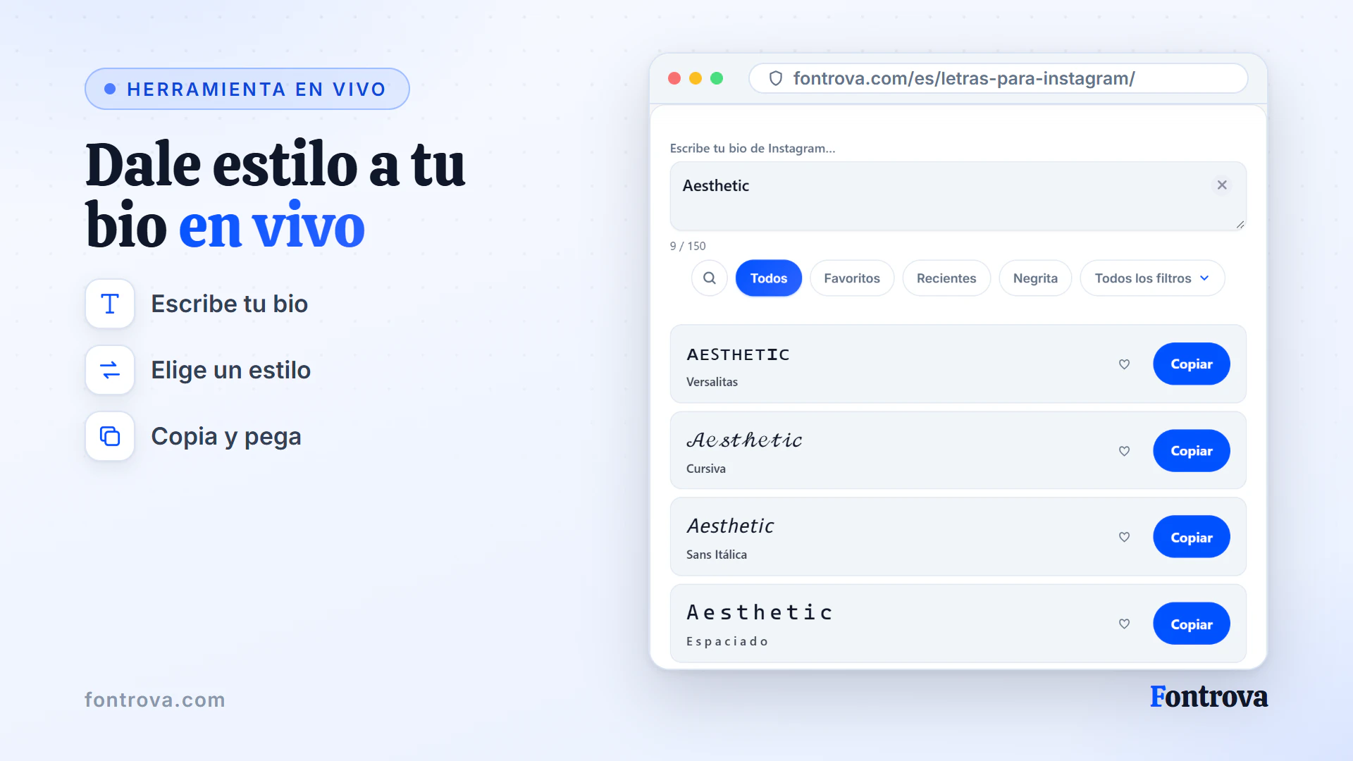 Generador de letras para Instagram mostrando la palabra Aesthetic en varios estilos Unicode con botones Copiar