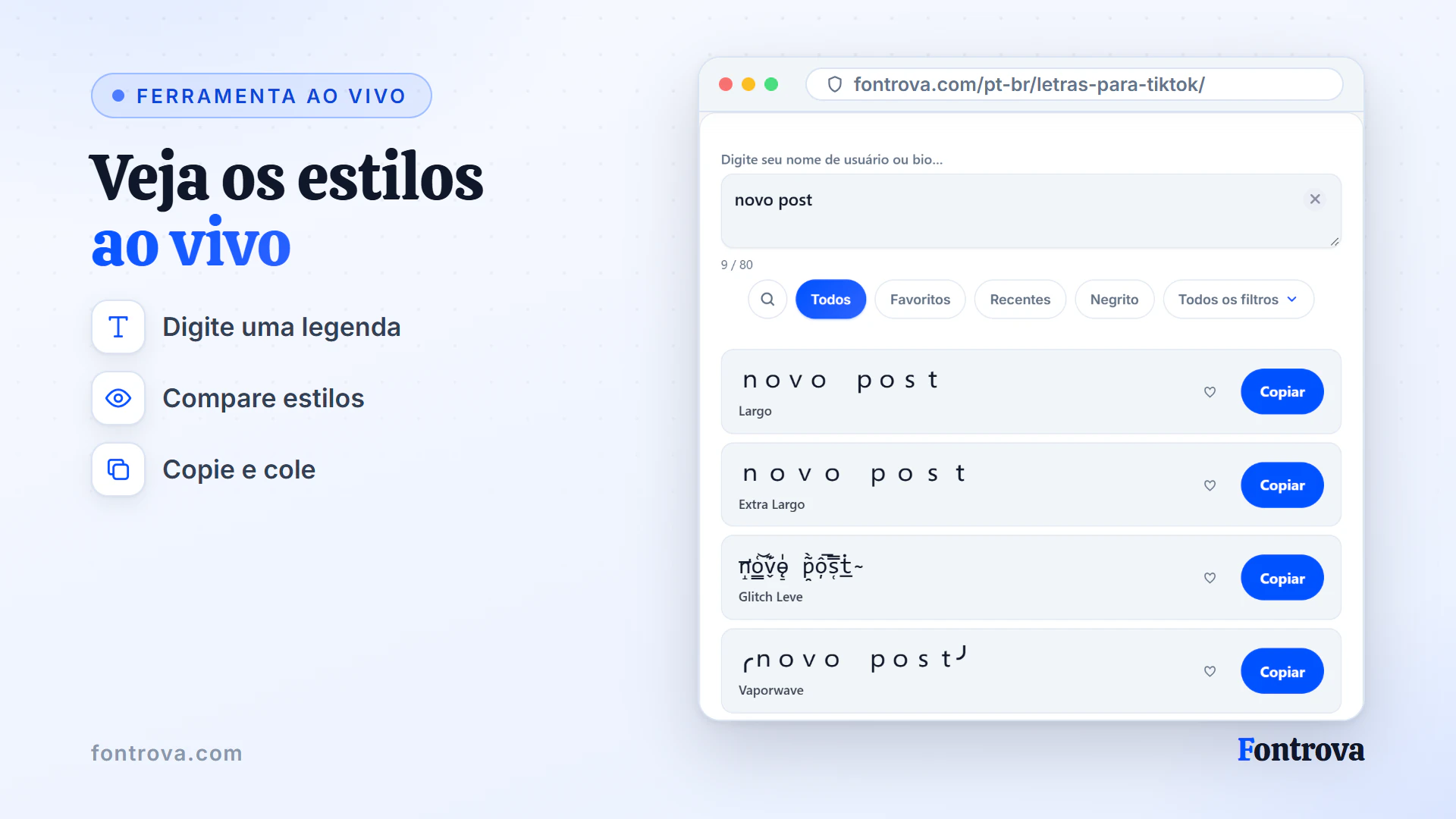 Gerador de letras para TikTok mostrando o texto novo post em vários estilos Unicode com botões Copiar