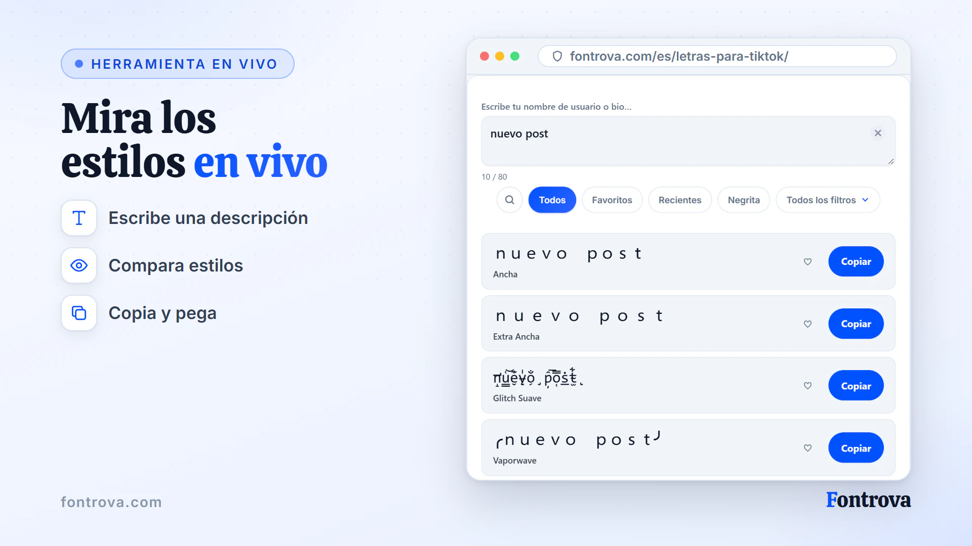 Generador de letras para TikTok mostrando el texto nuevo post en varios estilos Unicode con botones Copiar
