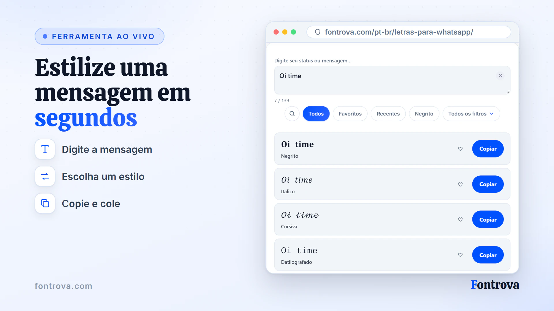 Gerador de letras para WhatsApp mostrando a saudação Oi time em vários estilos Unicode com botões Copiar