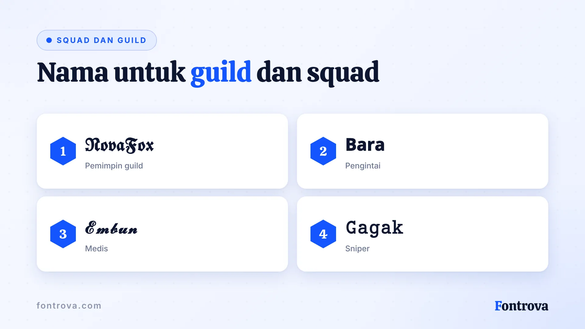 Empat julukan Free Fire serasi untuk satu guild dalam gaya gothic, sans tebal, tulisan tangan