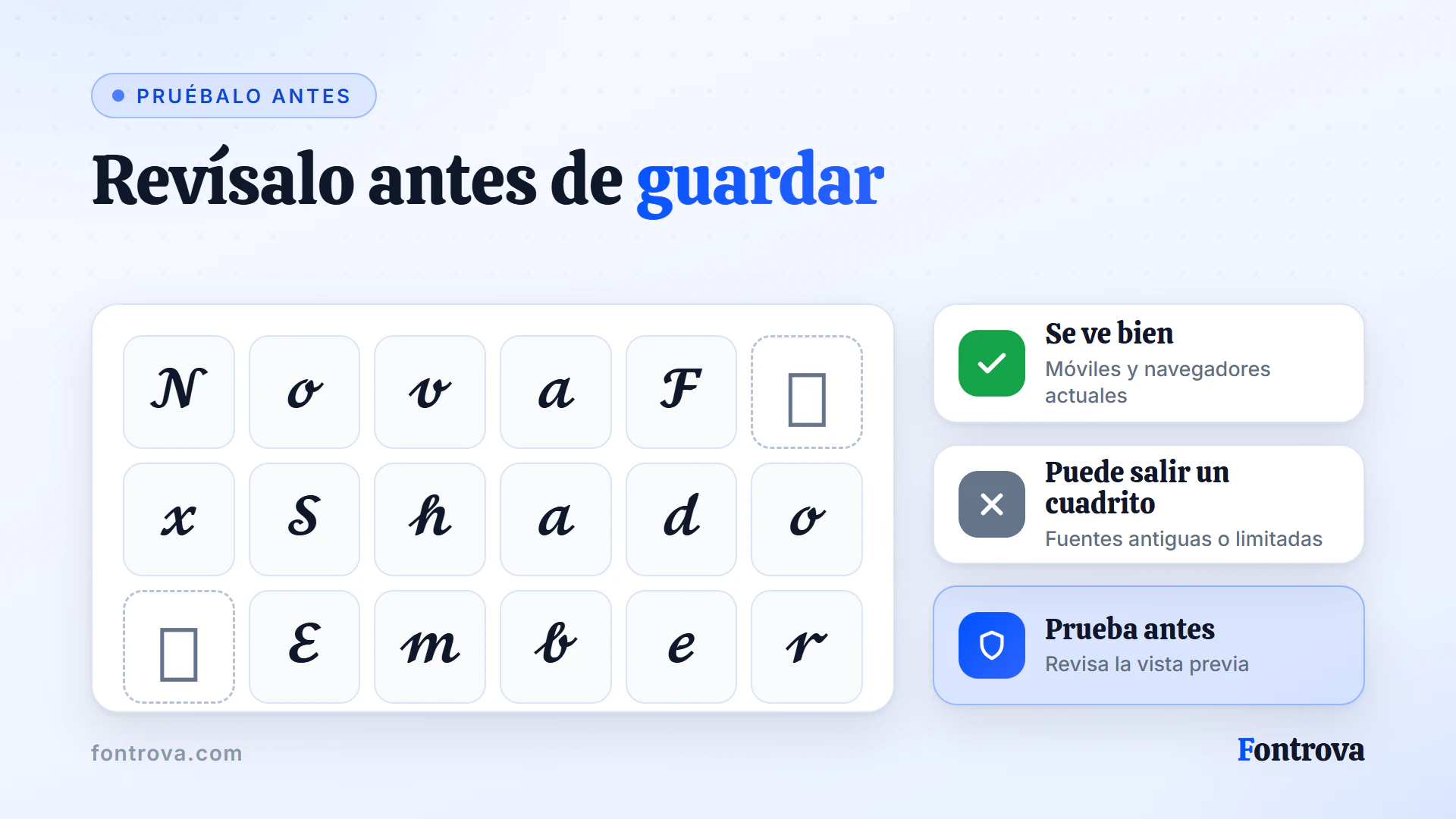 Letras de nick con estilo en una cuadrícula con dos cuadritos, un recordatorio para probar el nombre en el juego