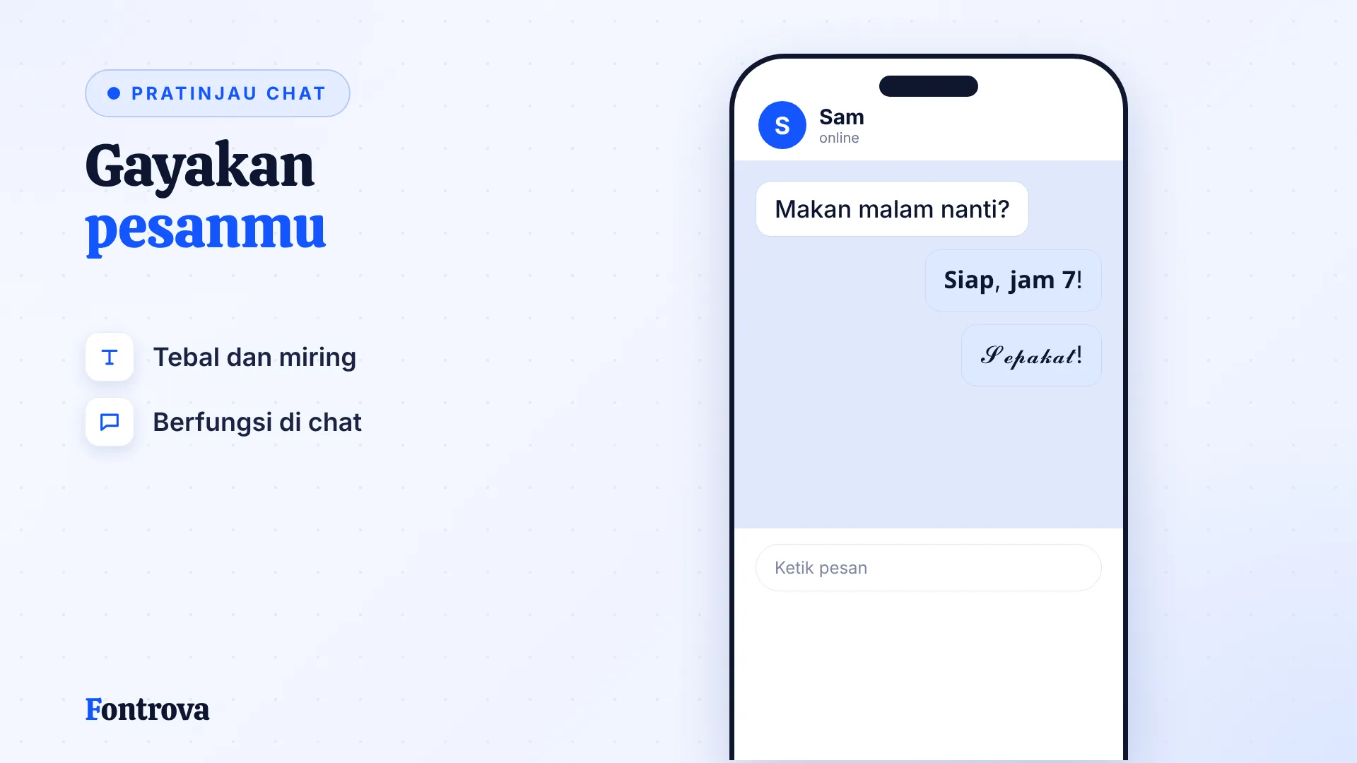 Pratinjau percakapan dengan pesan teks biasa, Tebal, dan Tulisan Tangan Unicode untuk gaya tulisan WhatsApp
