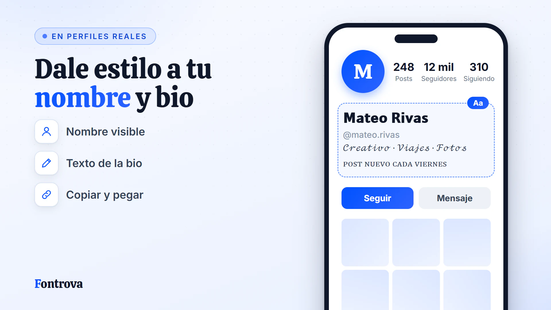 Perfil de ejemplo con nombre en Sans Negrita y bio en Cursiva, creados con estilos Unicode