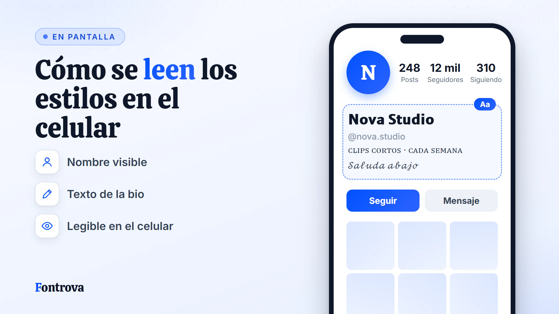 Perfil de video corto con nombre en Sans Negrita y bio en Versalitas, para ver cómo se leen los estilos en el celular