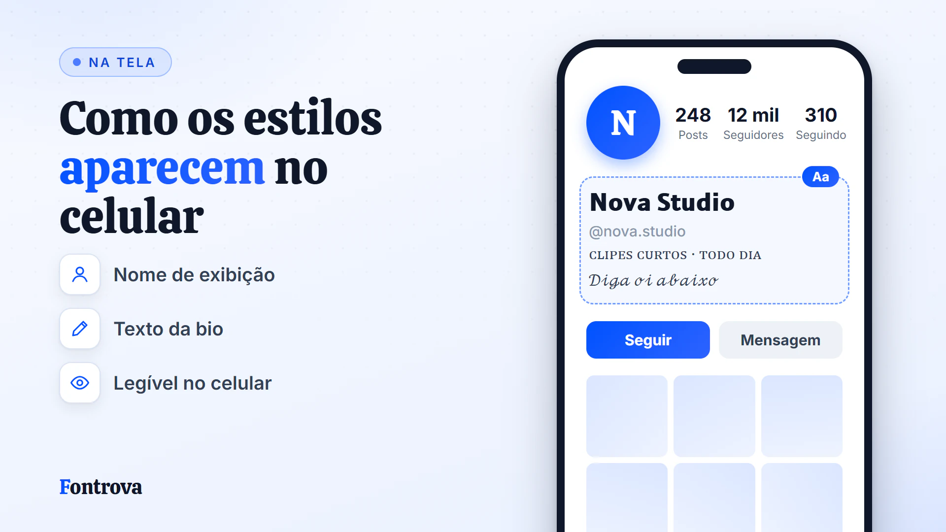 Perfil de vídeos curtos com nome em Sans Negrito e bio em Versalete, mostrando como os estilos aparecem no celular