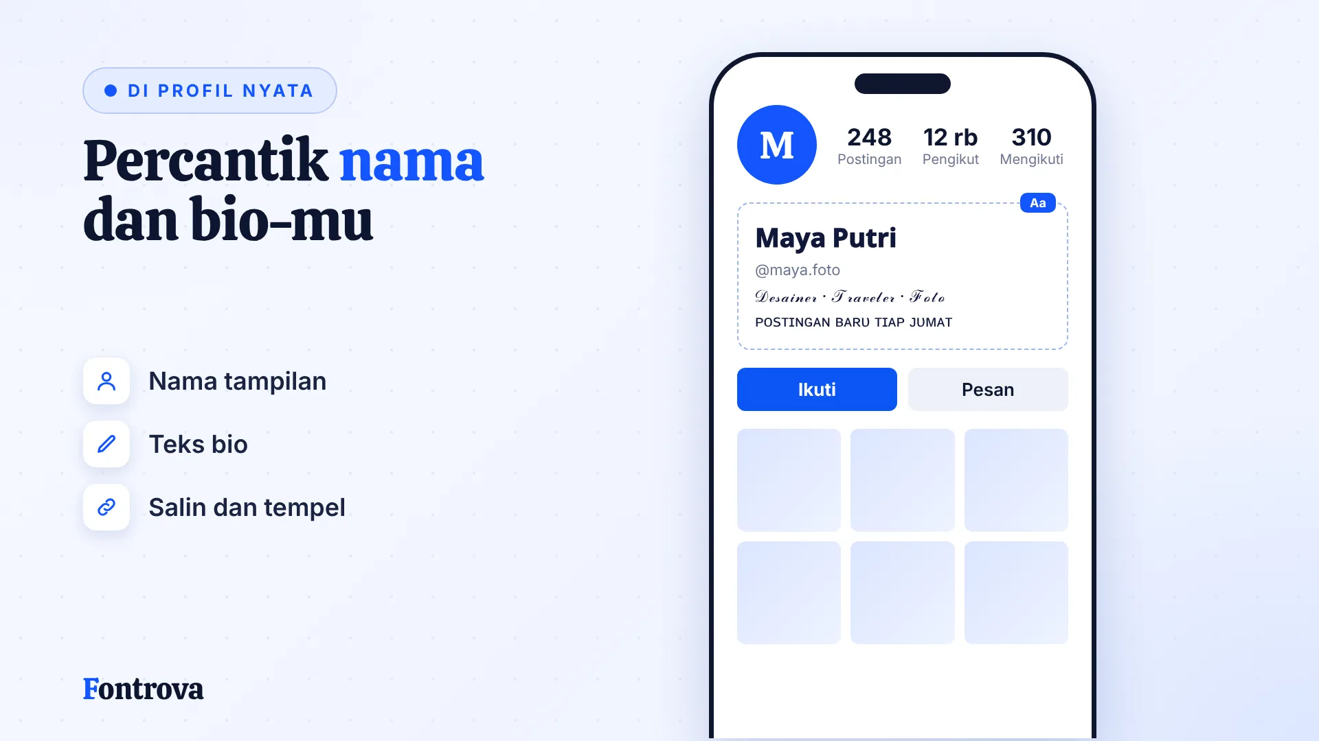 Contoh profil dengan nama bergaya Sans Tebal dan bio Tulisan Tangan memakai teks Unicode