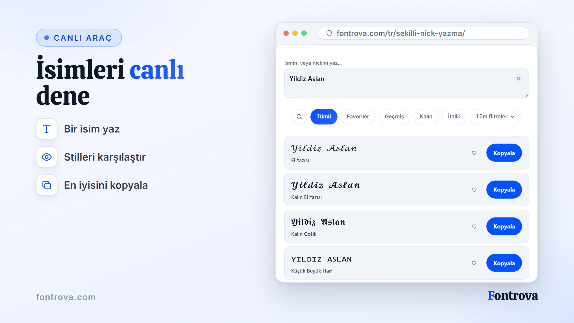 İsim oluşturucu, Yildiz Aslan ismini birçok Unicode stilinde Kopyala düğmeleriyle gösteriyor