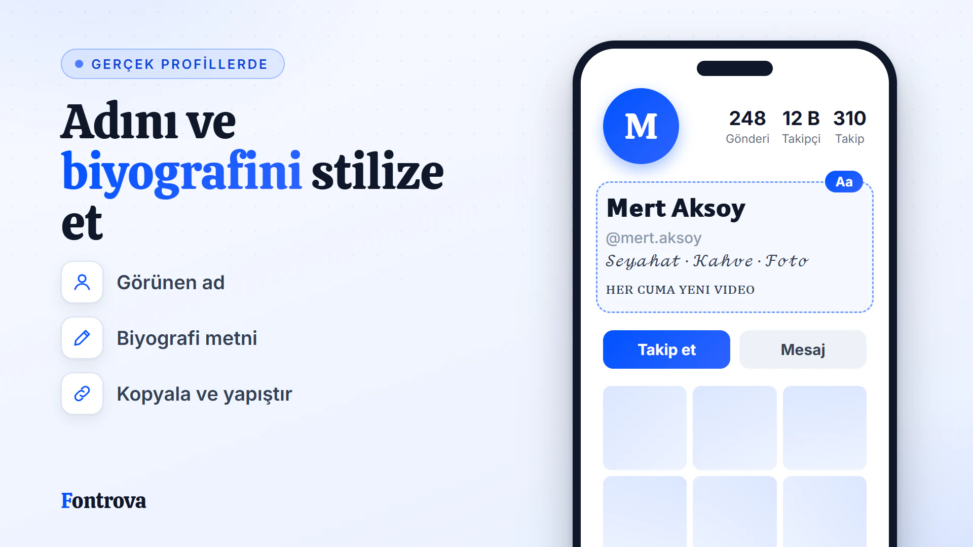 Sans Kalın görünen ad ve El Yazısı biyografiyle hazırlanmış örnek profil, tamamı Unicode stilleriyle