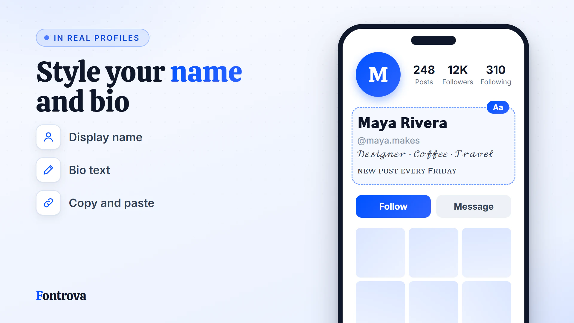 Profile mockup with a Sans Bold display name and a Cursive bio created with a font generator