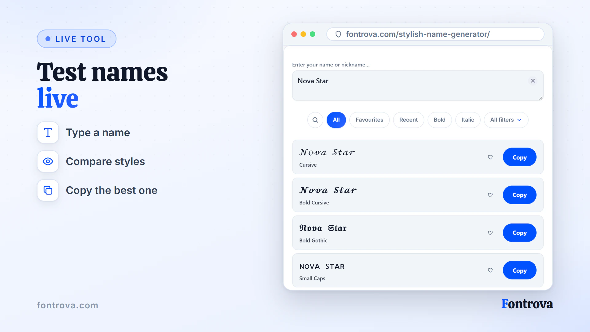 Stylish name generator showing the name Nova Star in several Unicode styles with Copy buttons