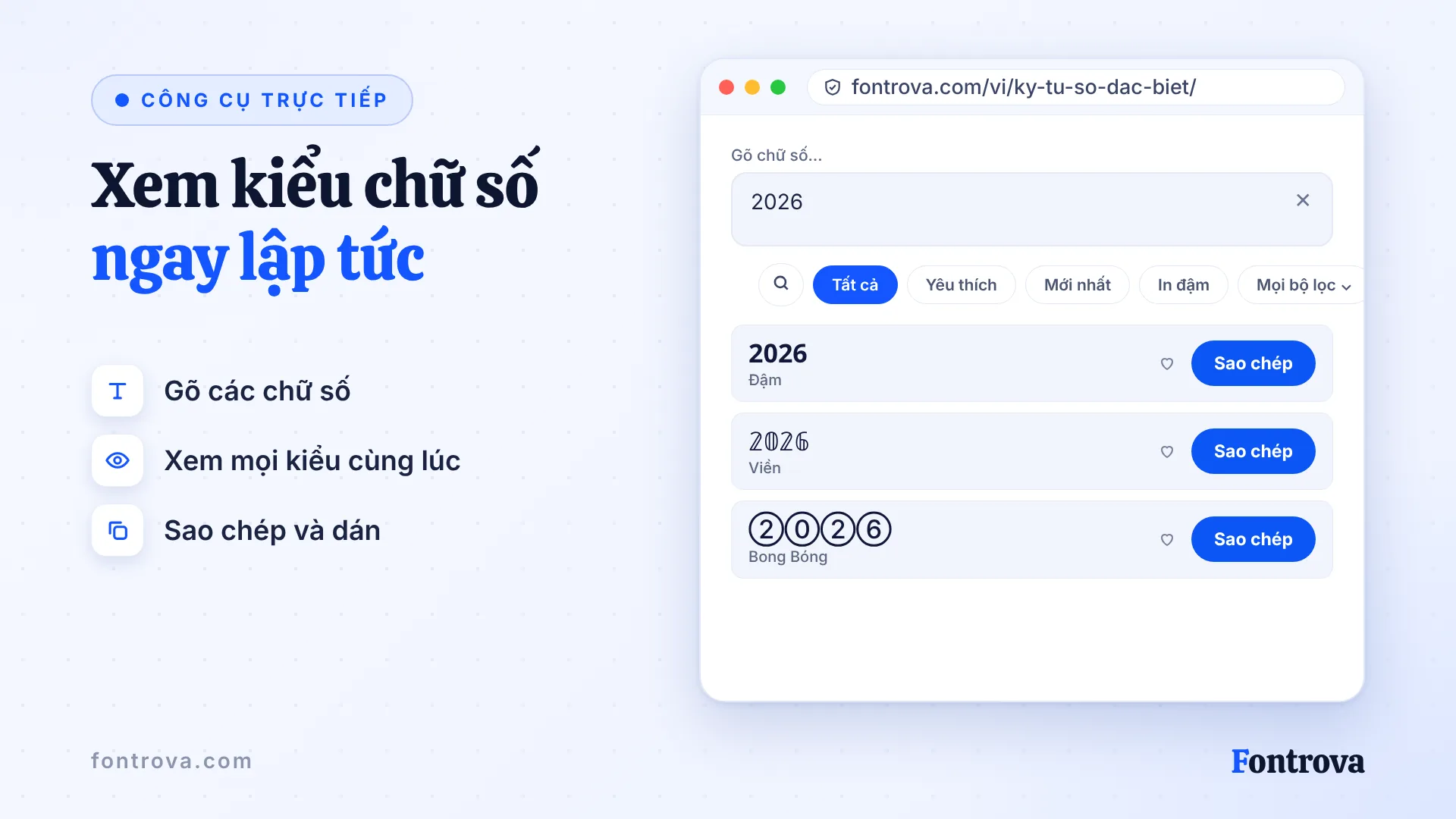 Công cụ chữ số Unicode hiển thị số 2026 ở kiểu Đậm, Viền, Bong Bóng