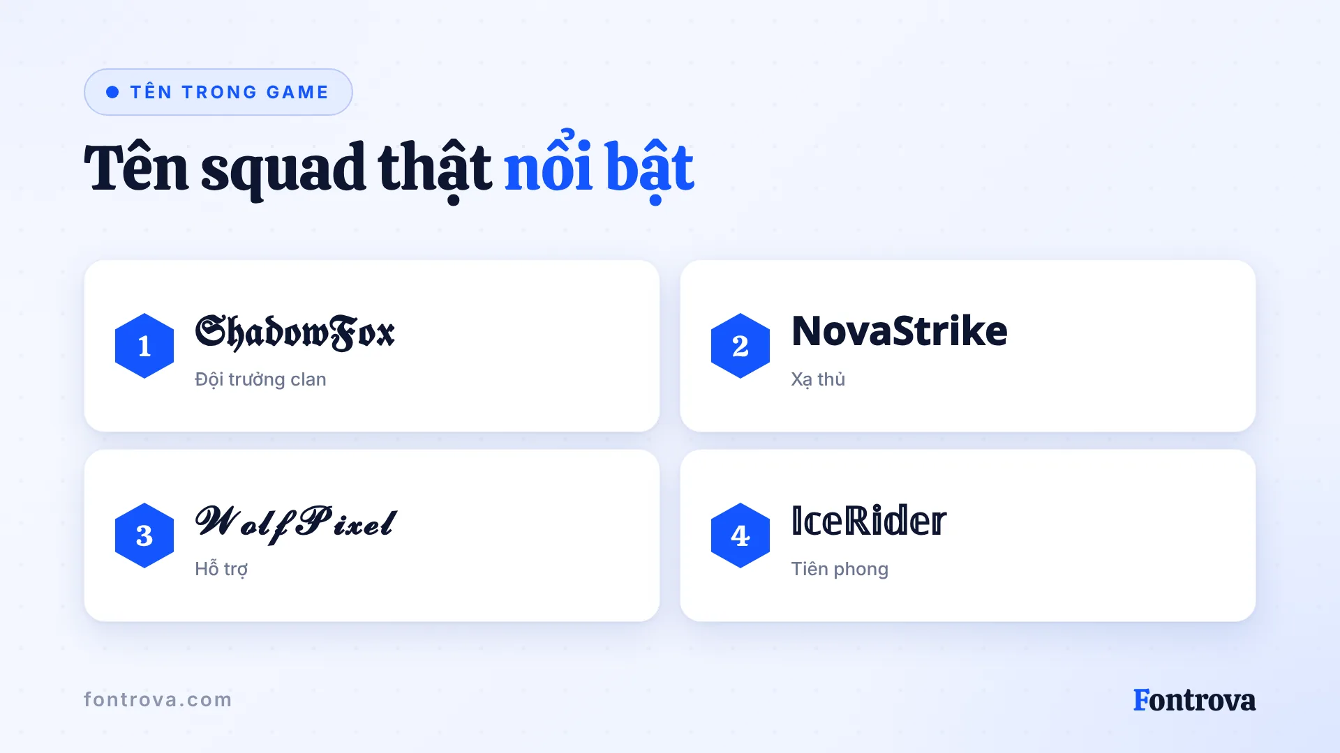 Bốn thẻ tên nổi bật như ShadowFox và NovaStrike cho đội squad trong game