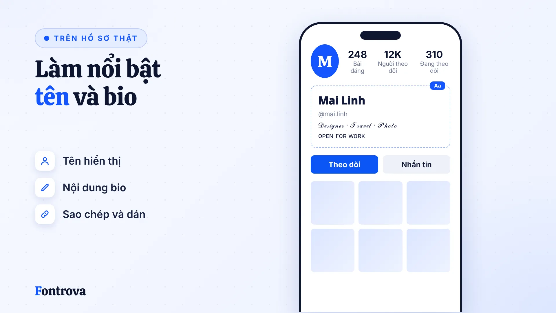 Hồ sơ mẫu: tên Sans Đậm, bio Viết Tay và Hoa Nhỏ dùng font Unicode