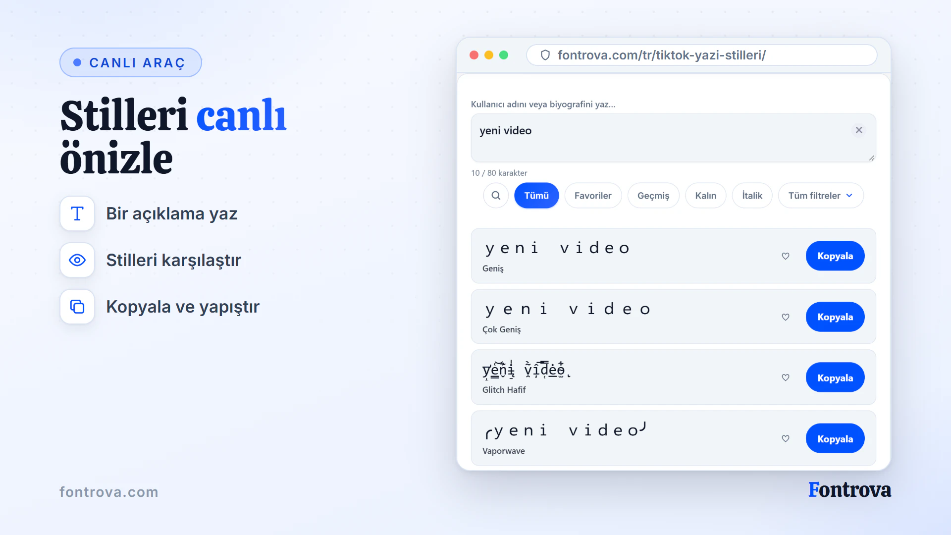 TikTok font oluşturucu, yeni video metnini birçok Unicode stilinde Kopyala düğmeleriyle gösteriyor