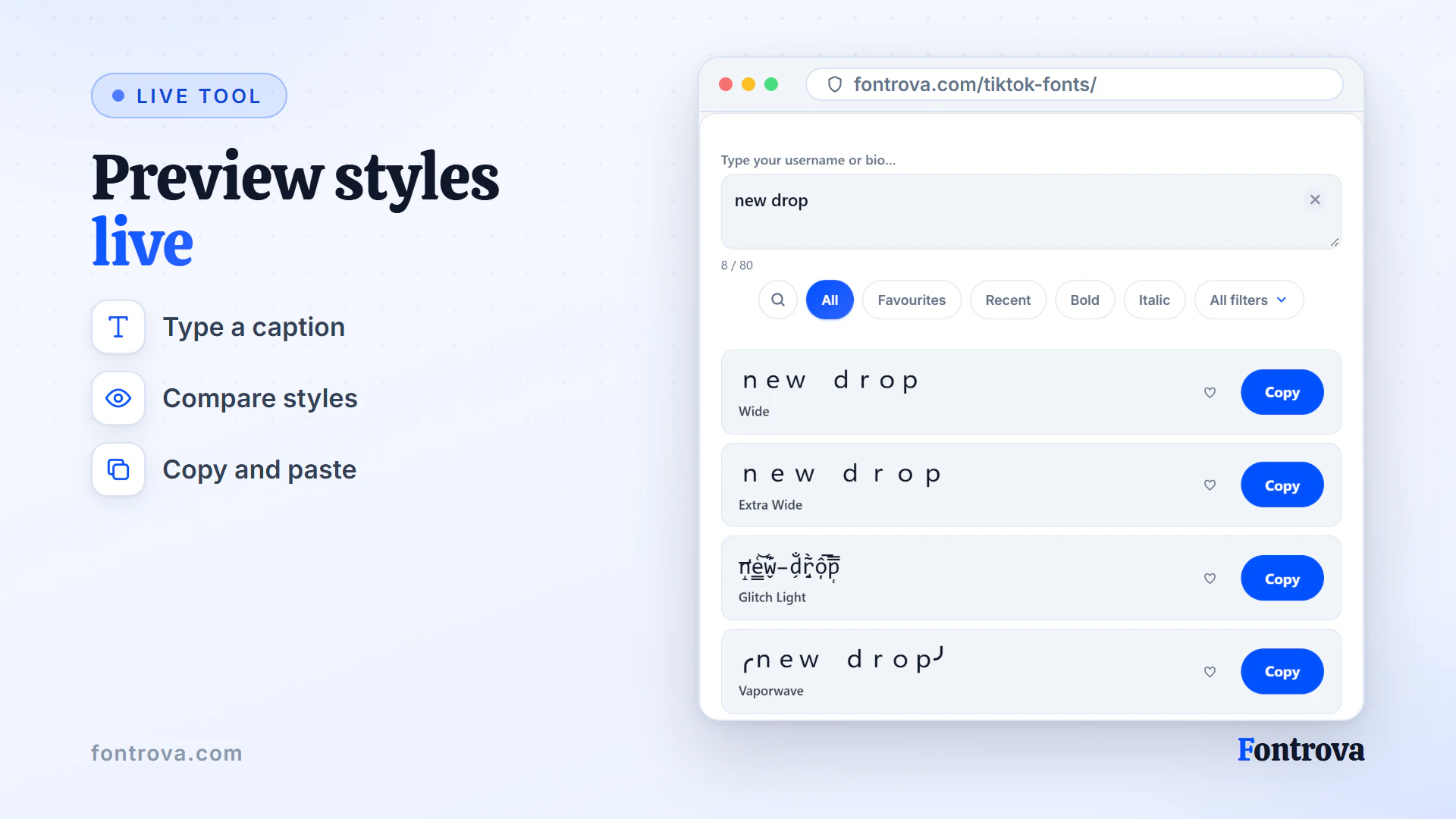 TikTok fonts generator showing the text new drop in several Unicode styles with Copy buttons
