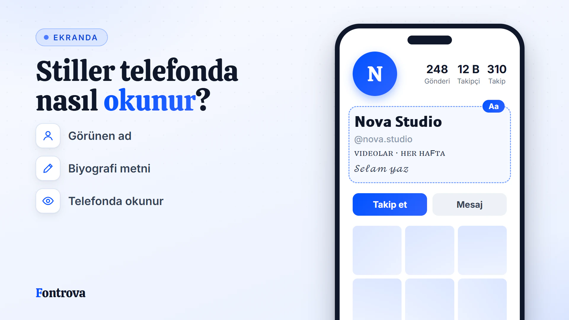 Sans Kalın görünen ad ve Küçük Büyük Harf biyografili kısa video profili, stillerin telefonda nasıl okunduğunu gösteriyor