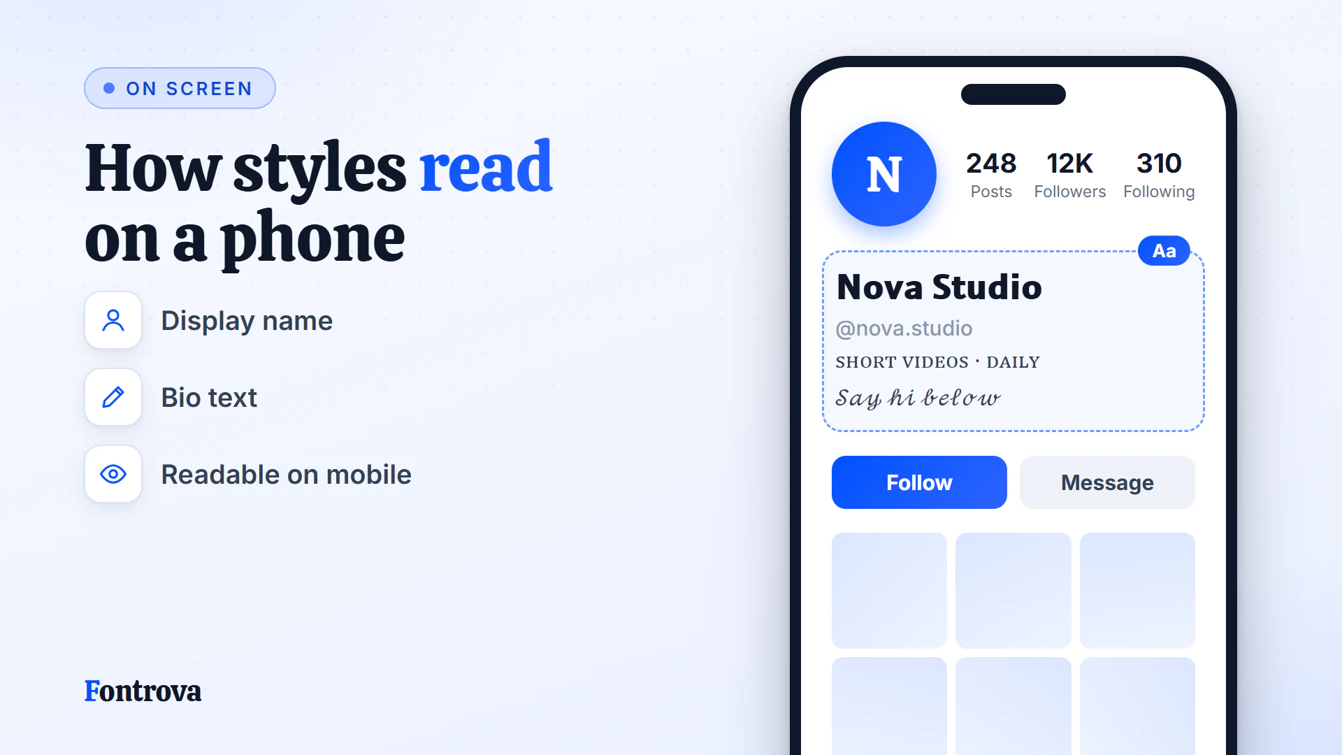 Short-video profile mockup with a Sans Bold display name and a Small Caps bio, showing how styles read on a phone
