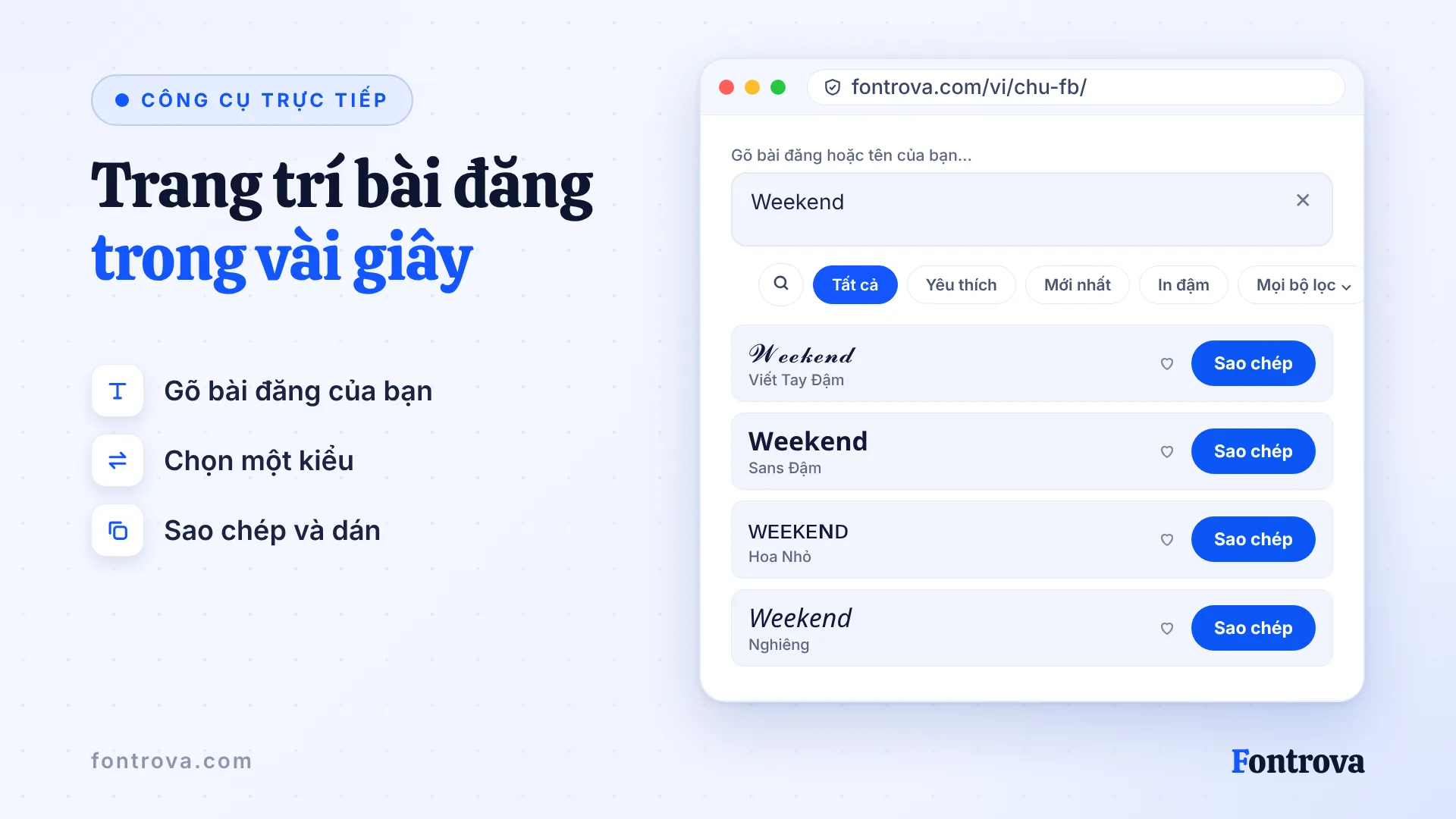 Công cụ trang trí tên Facebook hiển thị Weekend ở bốn kiểu chữ