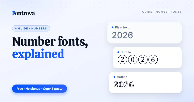 What are number fonts: the digits 2026 in plain text, Bubble and Outline Unicode number styles