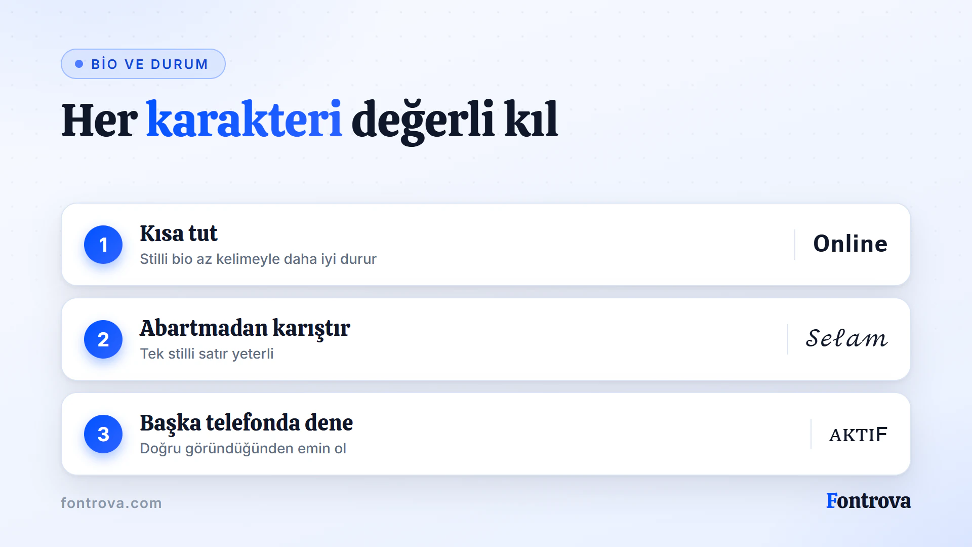 Sohbet bio ve durumu için üç ipucu, kısa stilli örneklerle: kısa tut, stilleri abartmadan karıştır ve başka telefonda dene