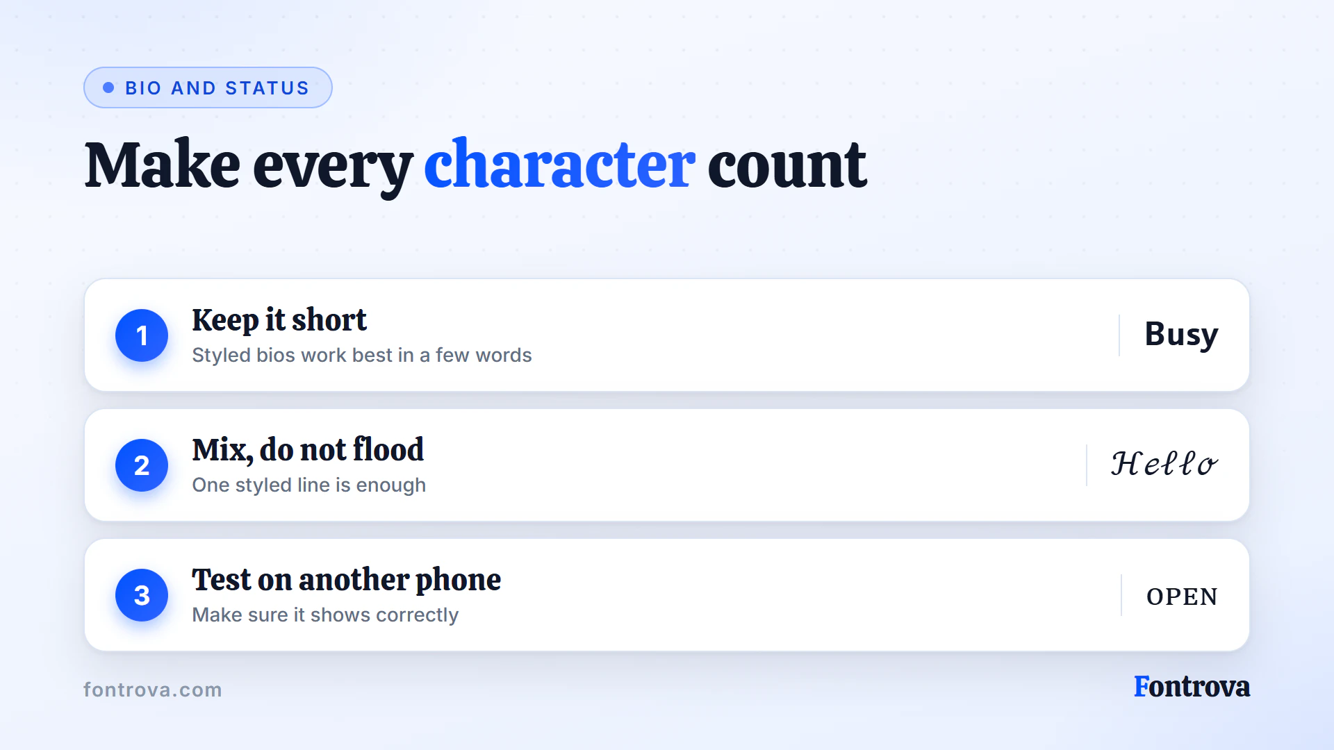 Three tips for a chat bio and status with short styled samples: keep it short, mix styles and test on another phone