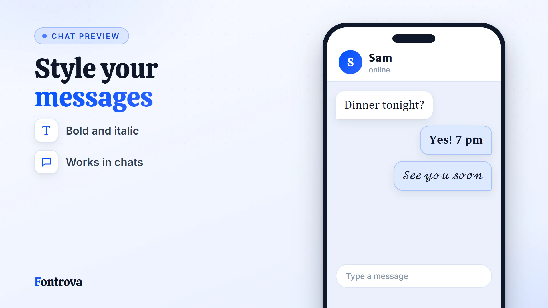 Chat mockup with plain, Bold and Cursive Unicode messages styled with a WhatsApp fonts generator