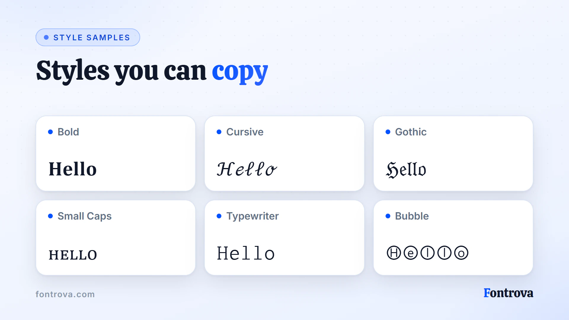 The word Hello in Bold, Cursive, Gothic, Small Caps, Typewriter and Bubble Unicode styles for chats and bios