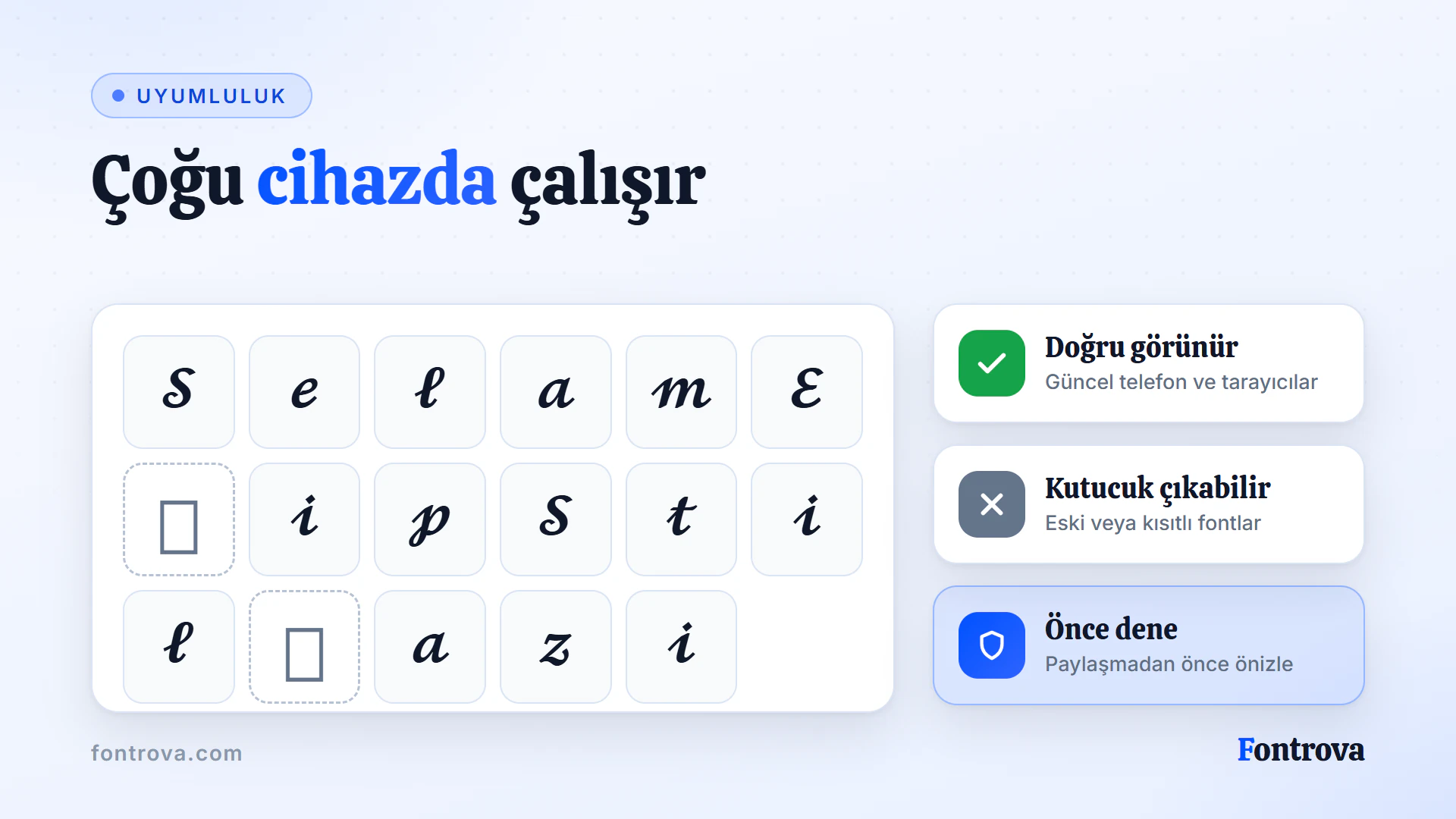 Stilli harflerden oluşan ızgarada iki boş kutucuk, eski cihazların bazı sohbet fontlarını gösteremeyebileceğini anlatıyor